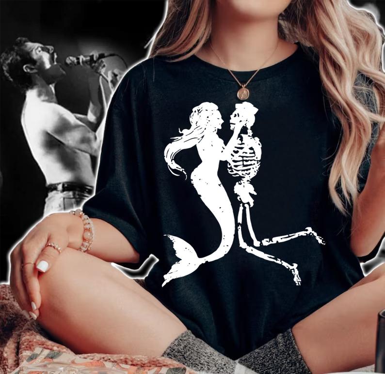 Mermaid Skeleton Skull Graphic Under the Sea Lovers t-shirt woman shirt