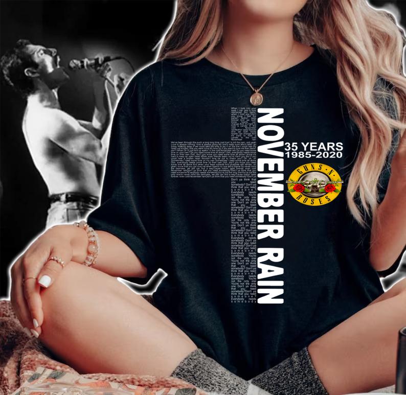 Lyrics November Rain 35 Years 1985-2020 Guns N Roses t-shirt woman shirt