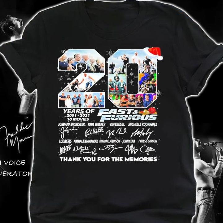 20 Years Of 2001-2021 10 Movies Fast And Furious Christmas Signature Thank You For The Memories Shirt t-shirt