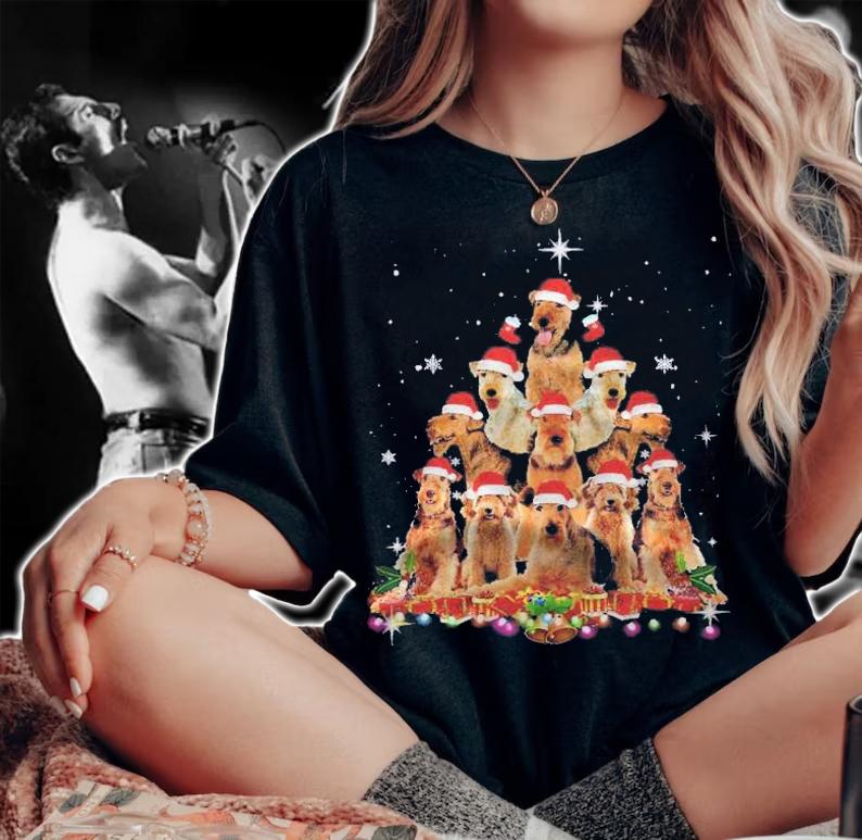 Airedale Terrier Christmas Tree Dog Santa Xmas Funny Pajamas Premium Shirt t-shirt woman shirt