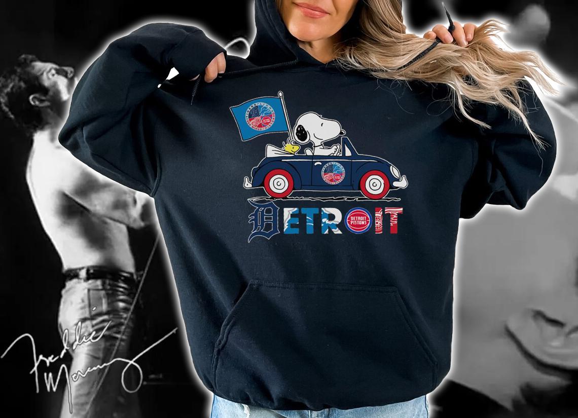 Detroit Sports Teams Tigers Lions Pistons Snoopy Woodstock Driving Car t-shirt hoodie