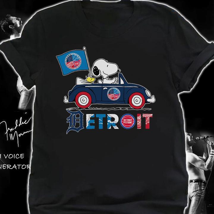 Detroit Sports Teams Tigers Lions Pistons Snoopy Woodstock Driving Car t-shirt shirt