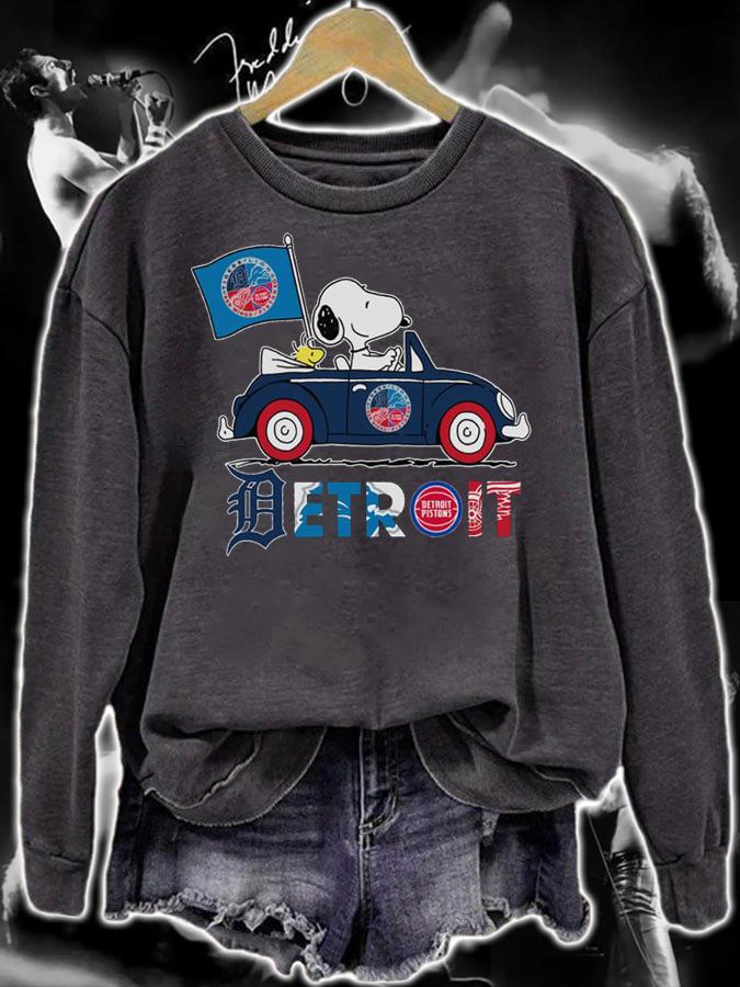 Detroit Sports Teams Tigers Lions Pistons Snoopy Woodstock Driving Car t-shirt sweatshirt