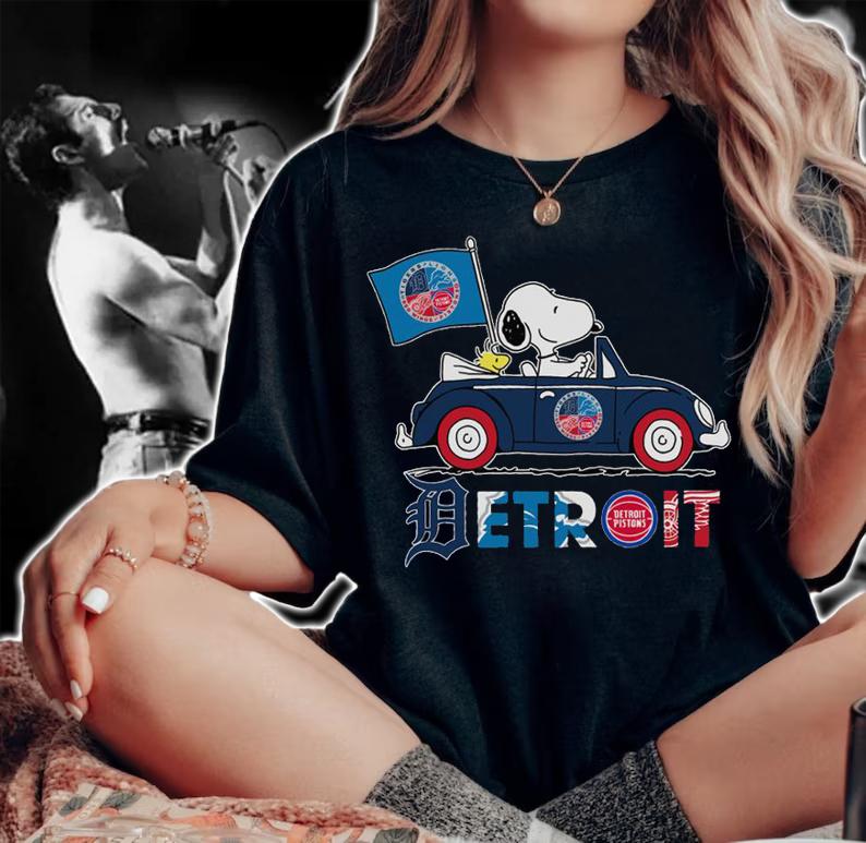Detroit Sports Teams Tigers Lions Pistons Snoopy Woodstock Driving Car t-shirt woman shirt