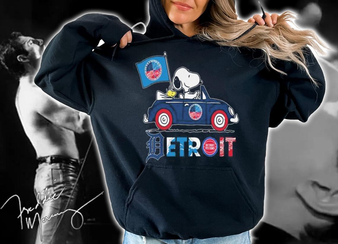 Snoopy And Woodstock Driving Car Detroit Sports Teams Flag t-shirt