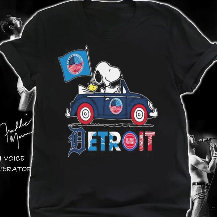 Snoopy And Woodstock Driving Car Detroit Sports Teams Flag t-shirt