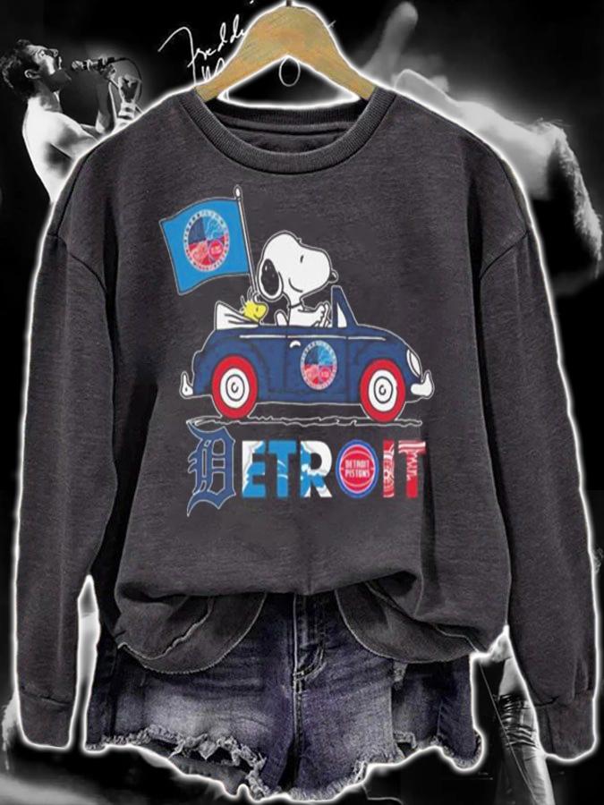 Snoopy And Woodstock Driving Car Detroit Sports Teams Flag t-shirt