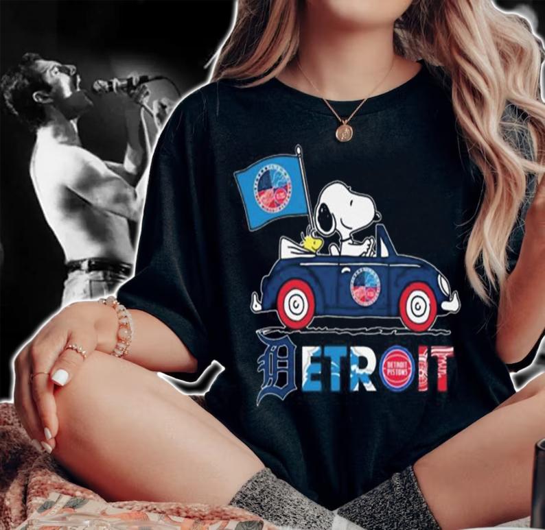Snoopy And Woodstock Driving Car Detroit Sports Teams Flag t-shirt