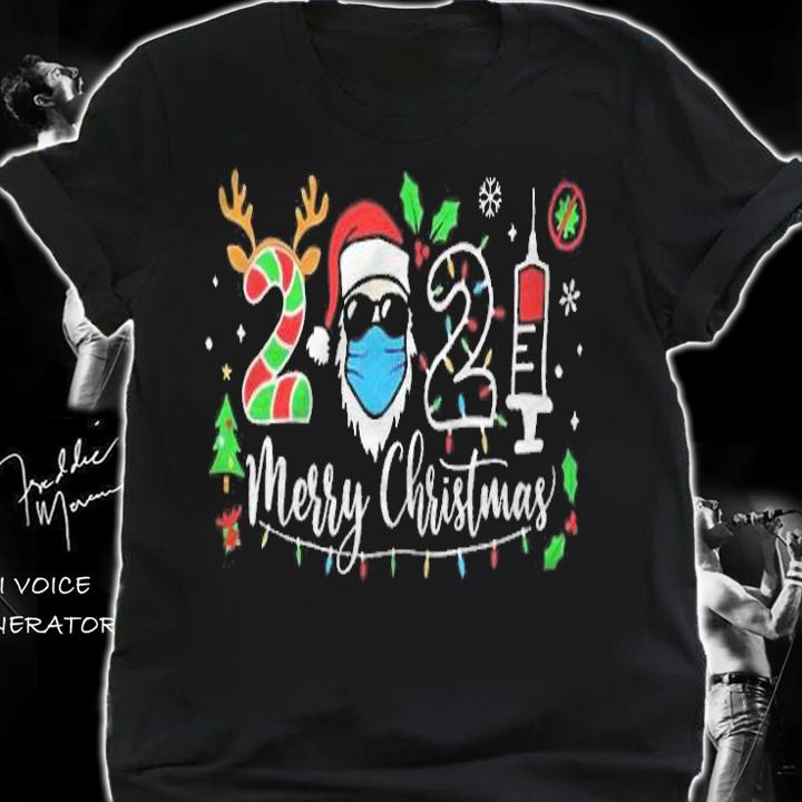 Santa in sunglasses wearing mask 2021 vaccine Merry Christmas T-shirt