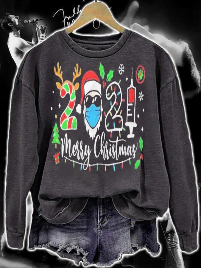 Santa in sunglasses wearing mask 2021 vaccine Merry Christmas T-shirt