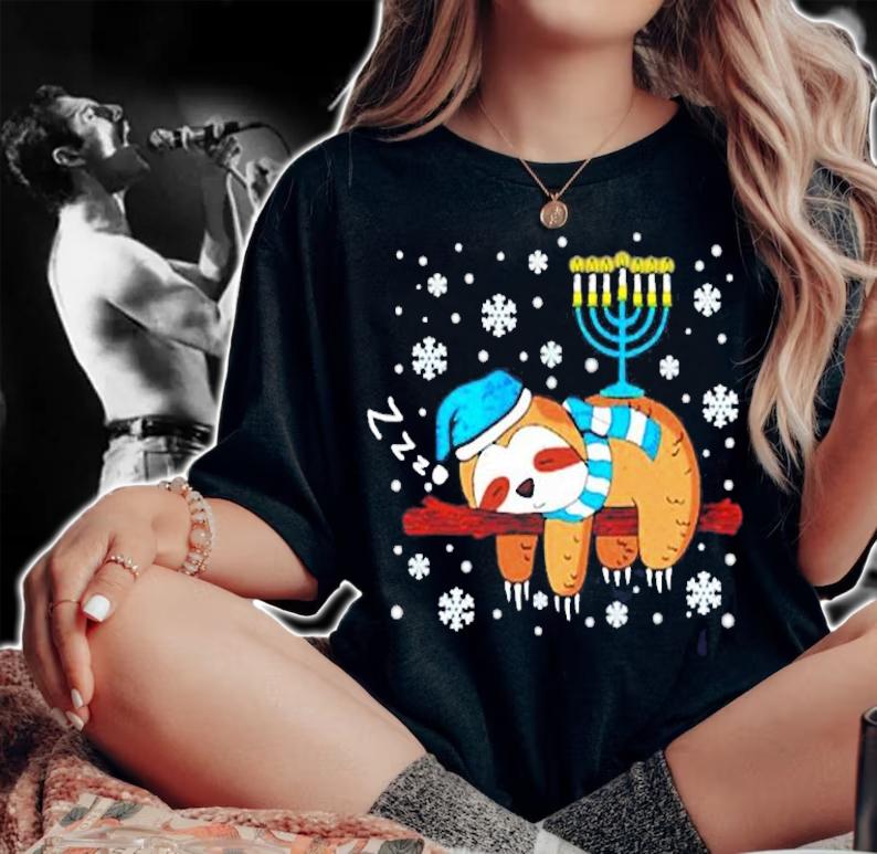 Sleeping Sloth Menorah Hanukkah Chanukah Animal Jewish Shirt