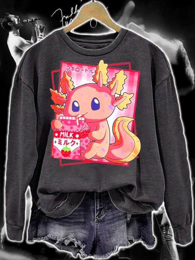 Japanese Style Kawaii Axolotl Strawberry Milk Anime Girl Boy T-Shirt sweatshirt