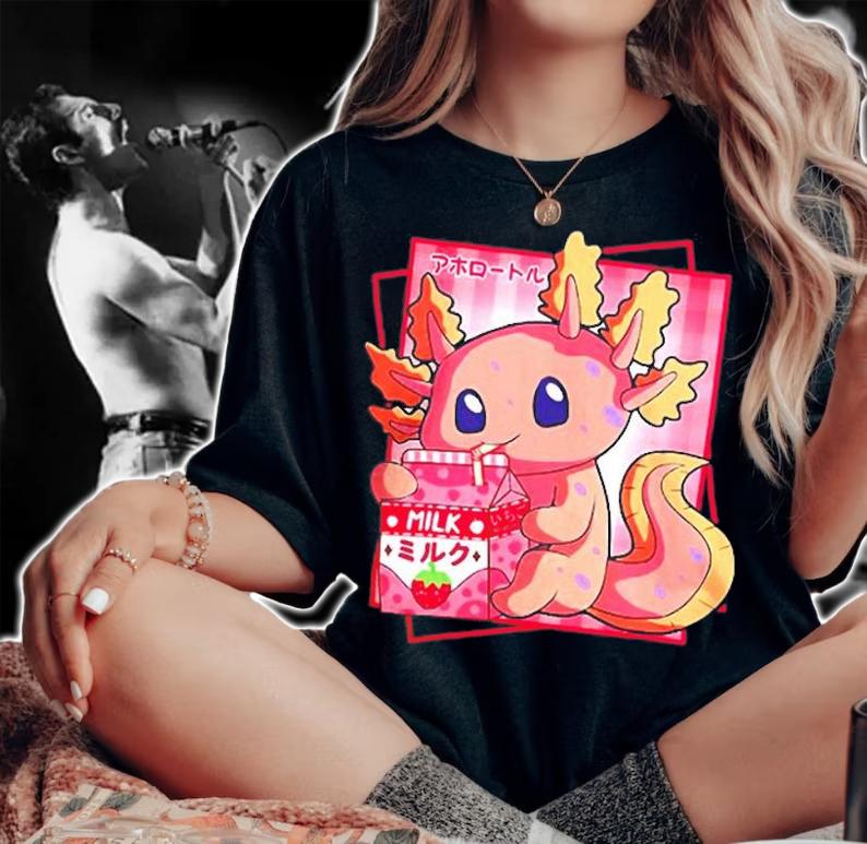 Japanese Style Kawaii Axolotl Strawberry Milk Anime Girl Boy T-Shirt woman shirt