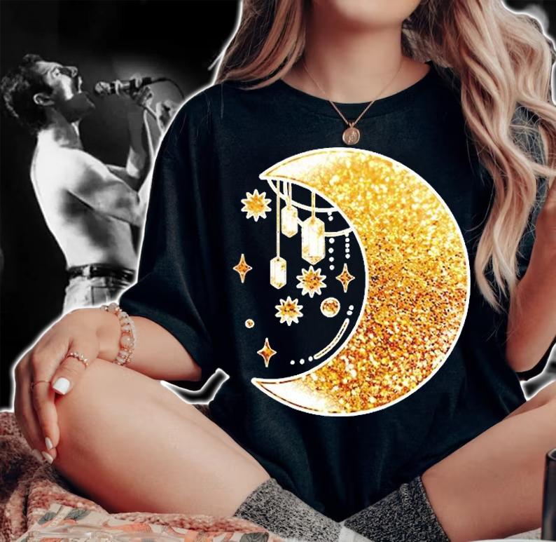 Yellow Half Crescent Moon Stars Ornaments Galaxy Space T-Shirt woman shirt