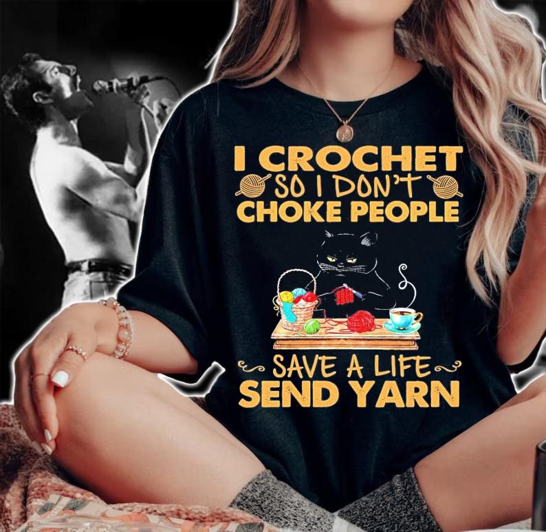 Black cat I crochet so I don't choke people save a life send yarn shirt