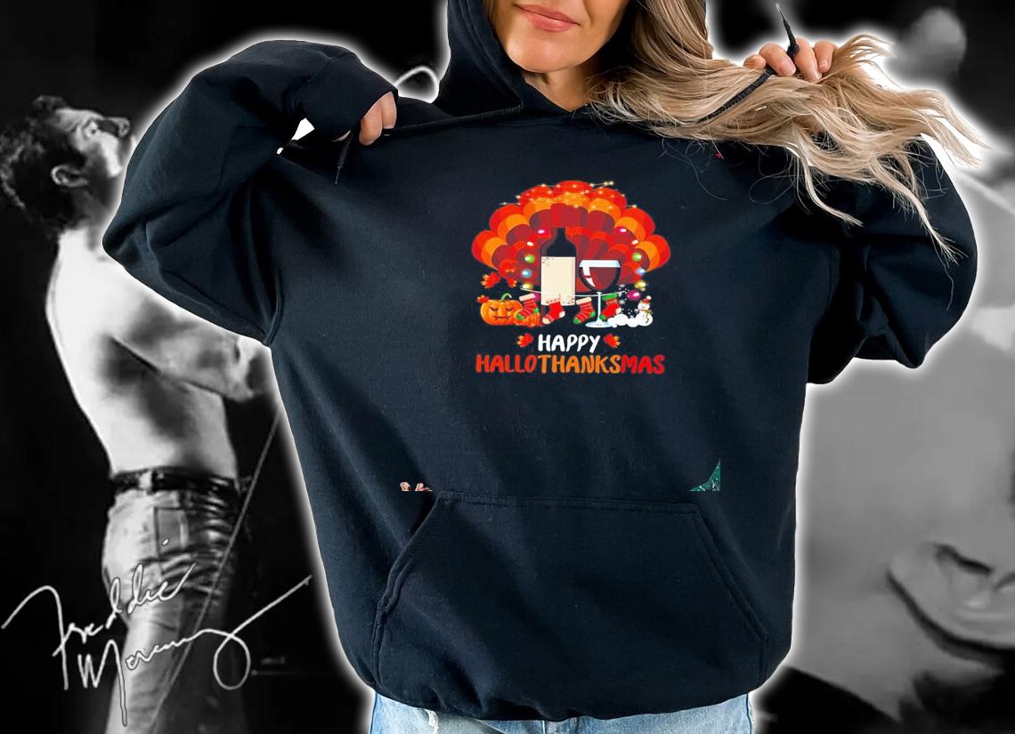 Turkey Wine Happy Hallothanksmas Merry Christmas shirt t-shirt hoodie