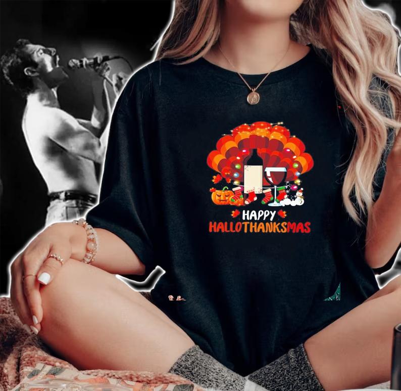 Turkey Wine Happy Hallothanksmas Merry Christmas shirt t-shirt woman shirt