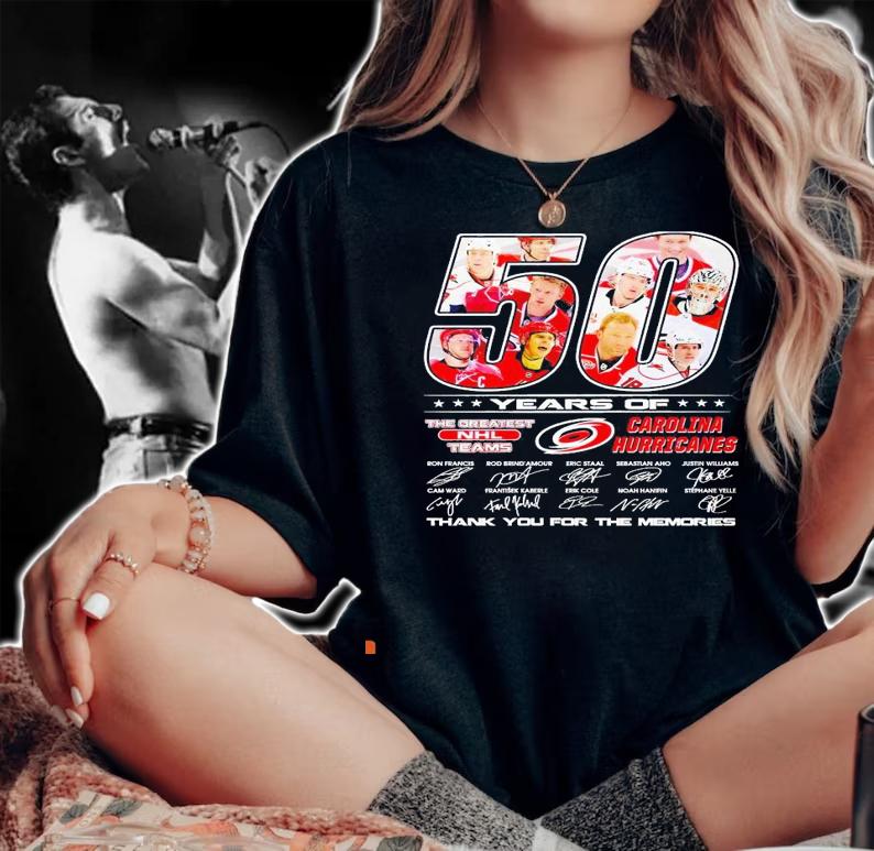 50 years of The Greatest NHL teams Carolina Hurricanes signatures thank you for the memories 2021 shirt