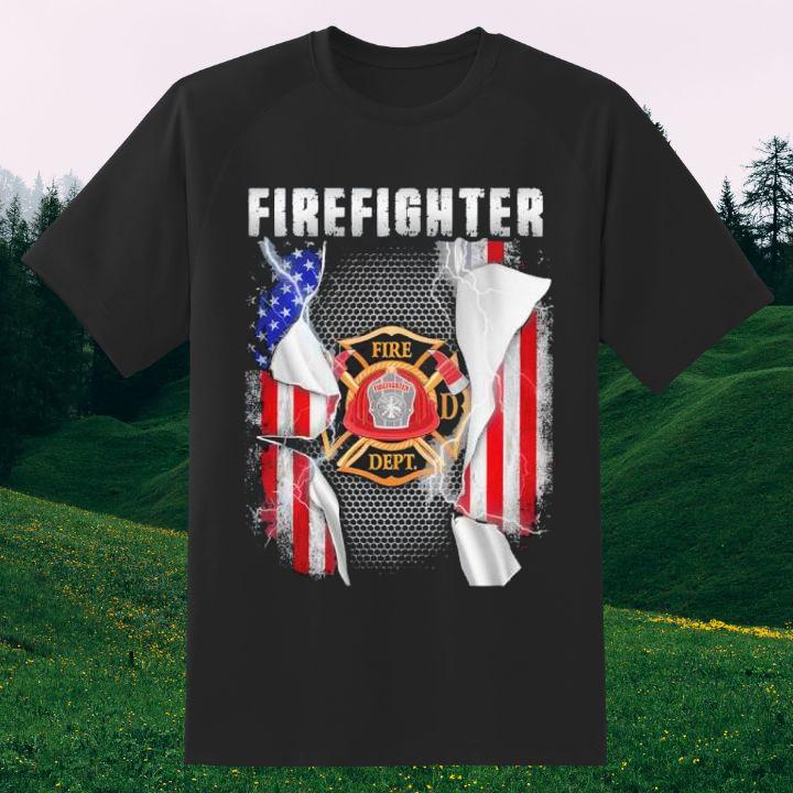 Proud Firefighter Fire Dept Logo USA Flag T-Shirt
